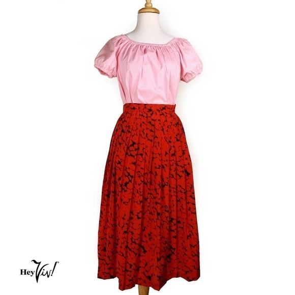 Vintage Full Mid Calf Day Skirt w Dashing Red & Black Pattern Waist 29"- Hey Viv - Picture 1 of 7